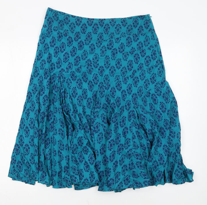 Monsoon Women Blue Floral A-Line Midi Skirt Size 14 Cotton