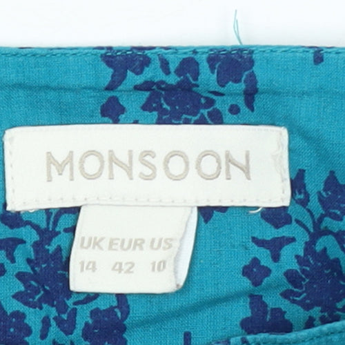 Monsoon Women Blue Floral A-Line Midi Skirt Size 14 Cotton