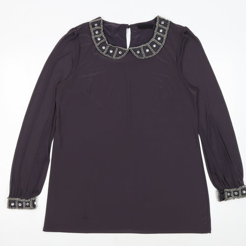 Wallis Women Purple Beaded Collar Long Sleeve Blouse UK 16
