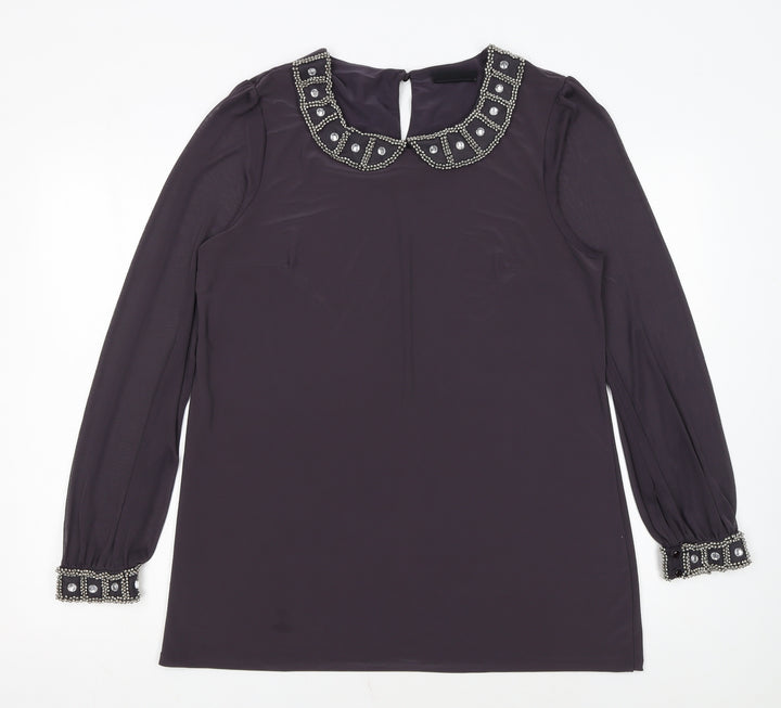 Wallis Women Purple Beaded Collar Long Sleeve Blouse UK 16