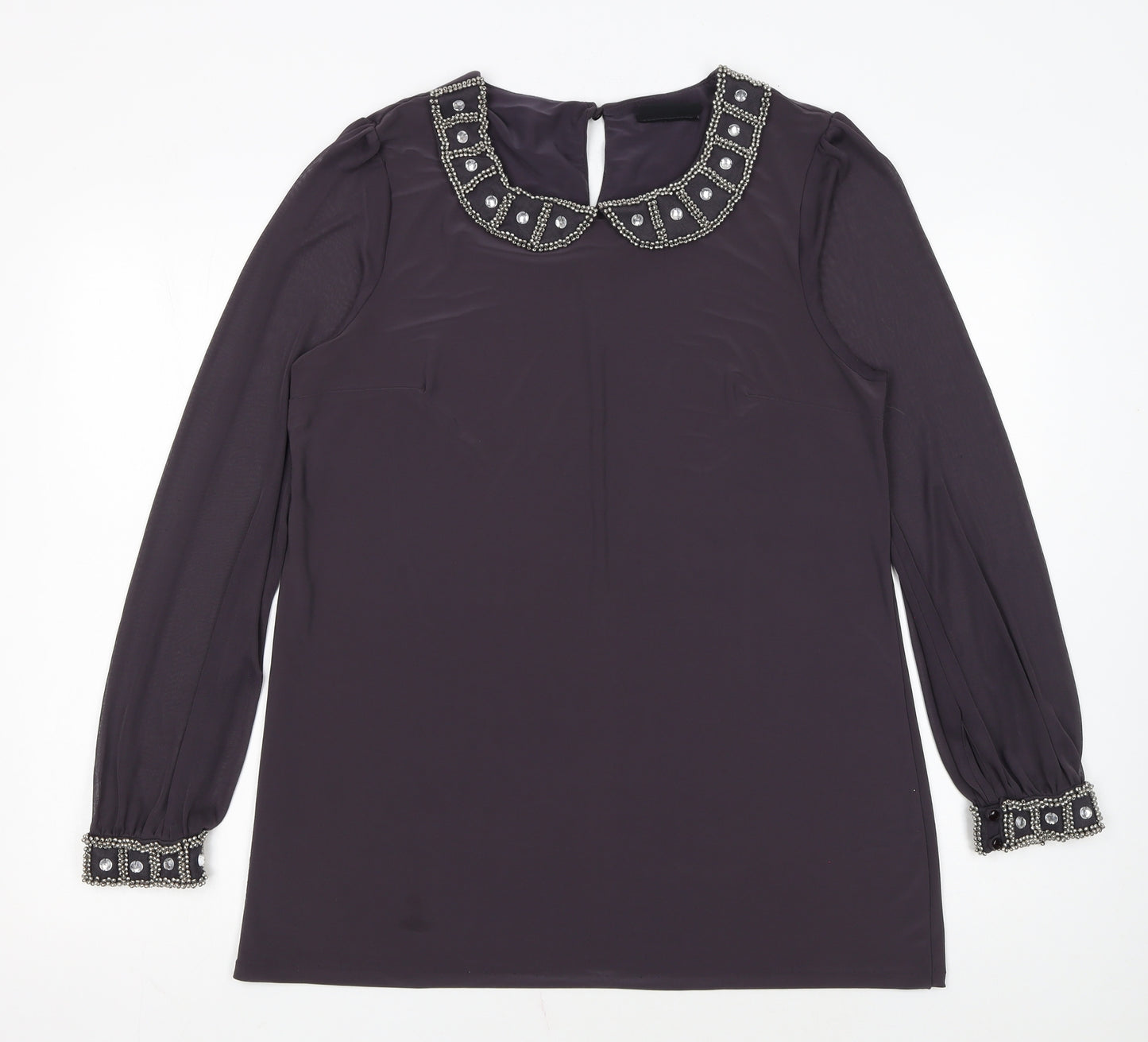 Wallis Women Purple Beaded Collar Long Sleeve Blouse UK 16