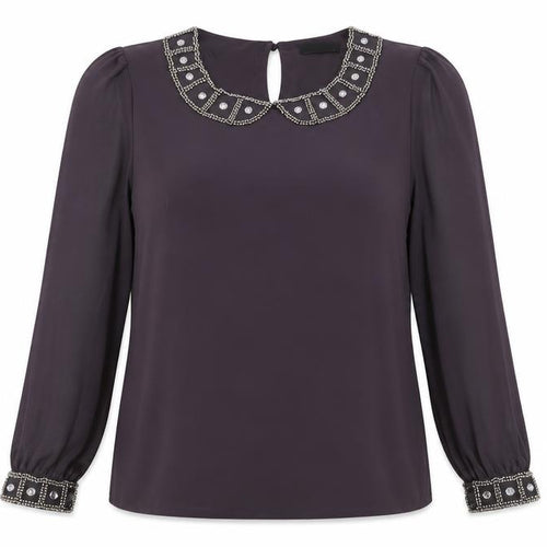 Wallis Women Purple Beaded Collar Long Sleeve Blouse UK 16