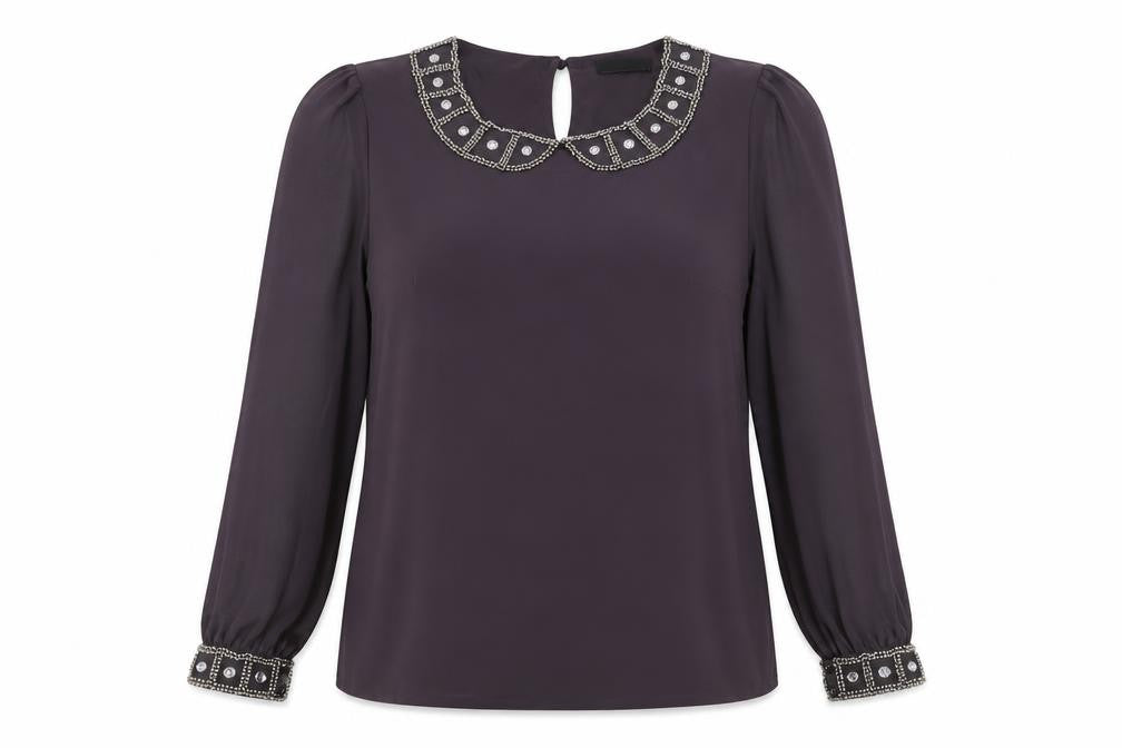 Wallis Women Purple Beaded Collar Long Sleeve Blouse UK 16