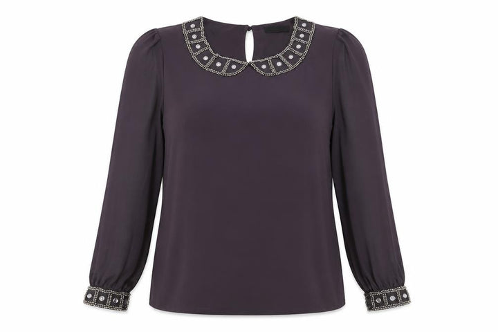 Wallis Women Purple Beaded Collar Long Sleeve Blouse UK 16