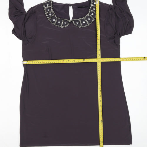Wallis Women Purple Beaded Collar Long Sleeve Blouse UK 16