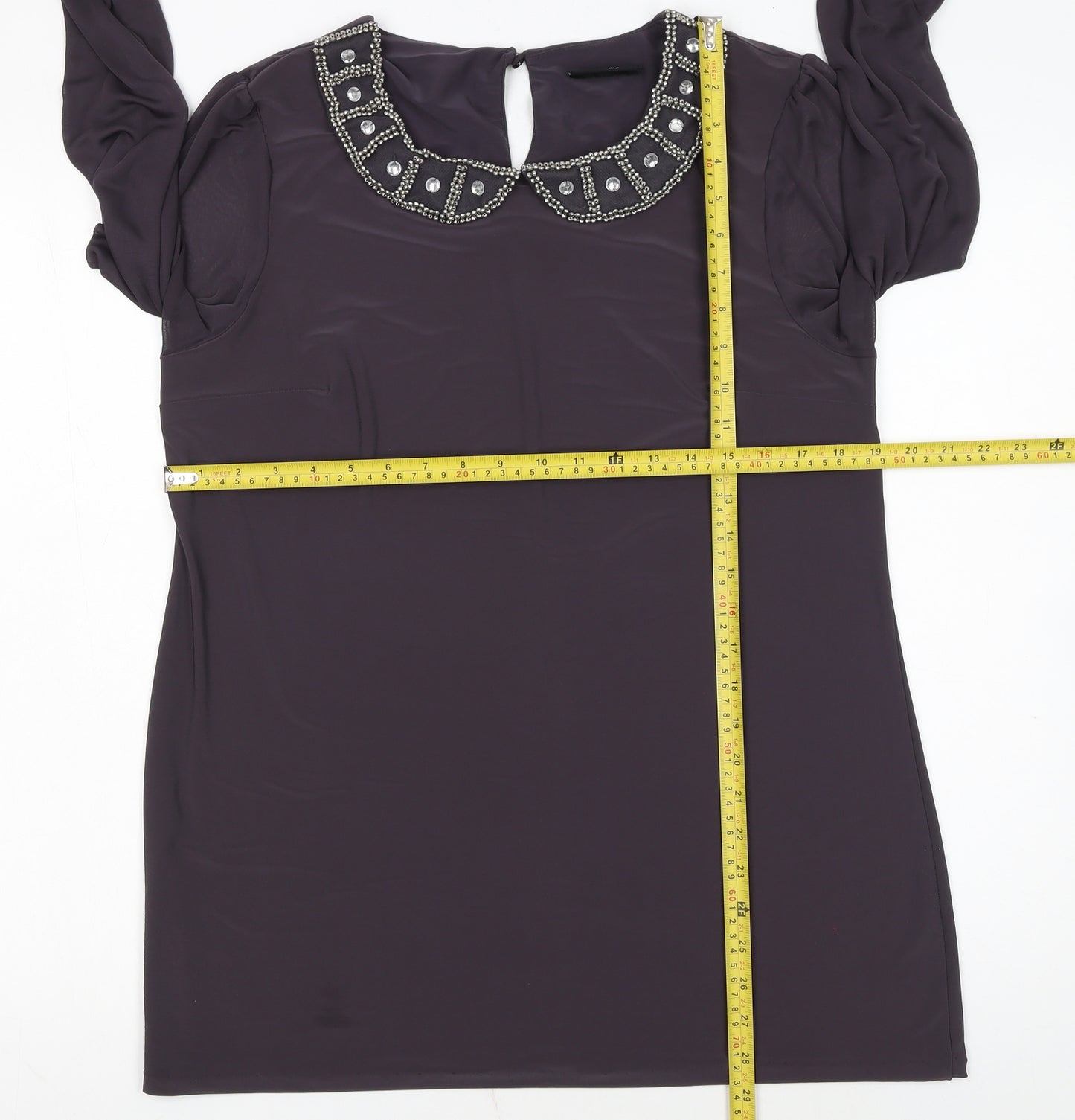Wallis Women Purple Beaded Collar Long Sleeve Blouse UK 16