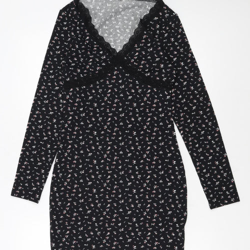 H&M Divided Women's Black Floral Bodycon Lace Detail Dress Size 8