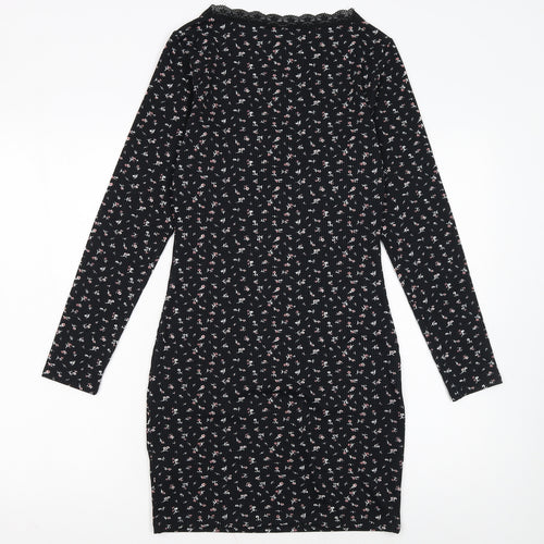H&M Divided Women's Black Floral Bodycon Lace Detail Dress Size 8