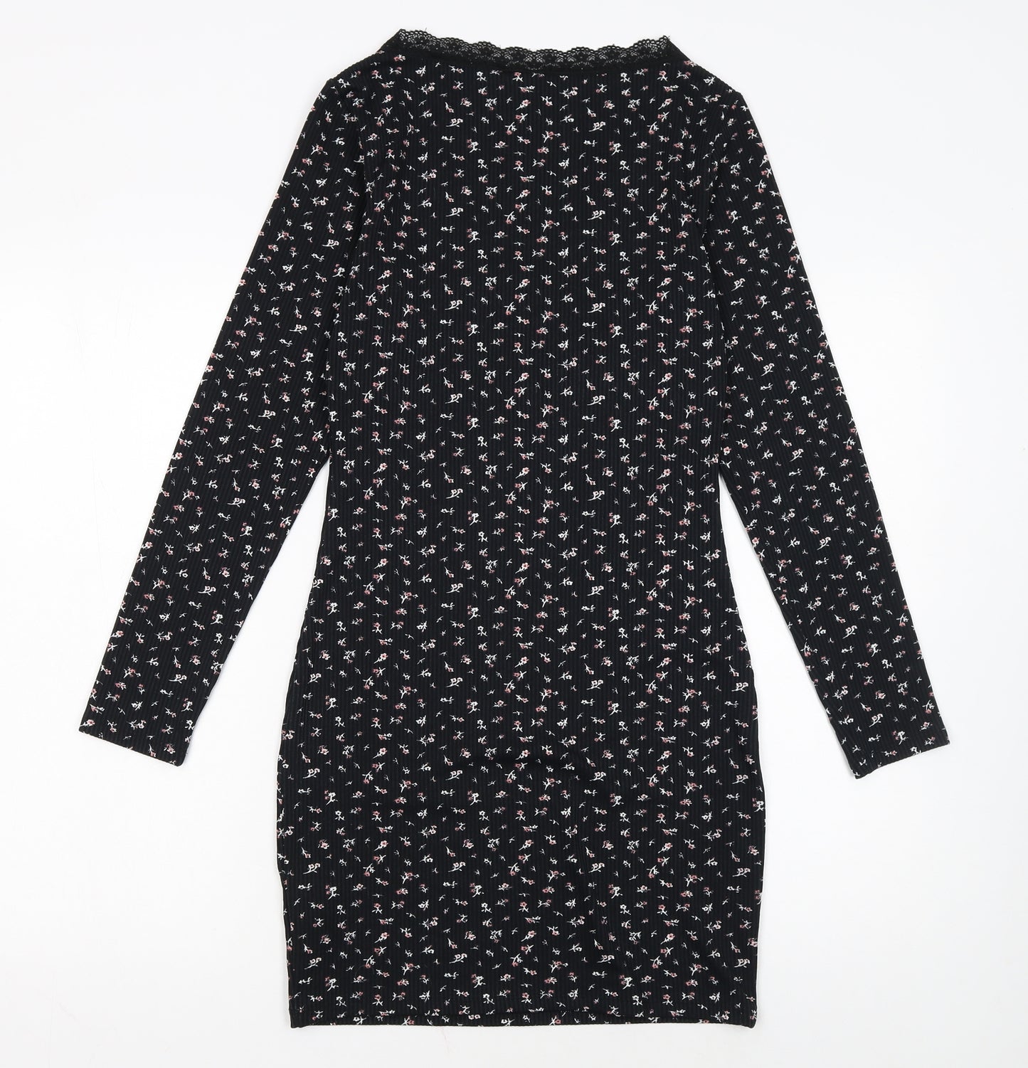 H&M Divided Women's Black Floral Bodycon Lace Detail Dress Size 8