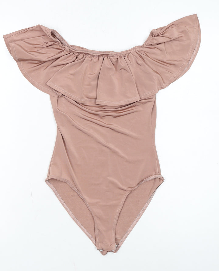 Miss Selfridge Women Beige Off Shoulder Bodysuit UK 6 Polyester Blend
