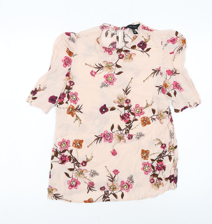 New Look Women’s Beige Floral Tunic Blouse Size 10 Short Sleeve Viscose
