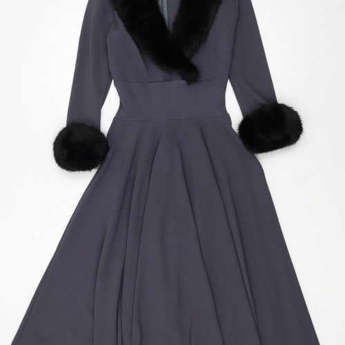 British Retro Women's Grey Fit & Flare Midi Dress Size 8 with Fur Trim