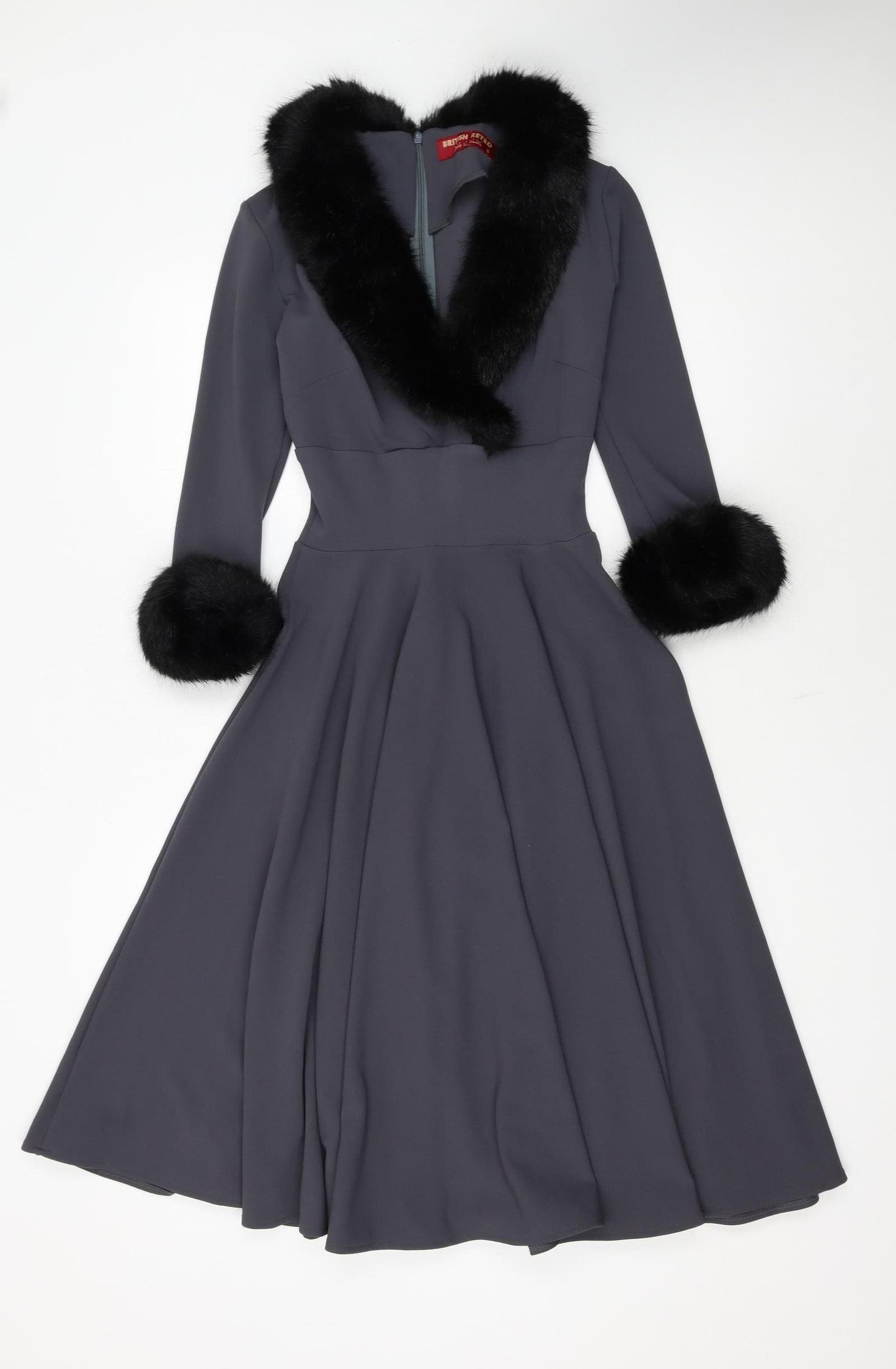 British Retro Women's Grey Fit & Flare Midi Dress Size 8 with Fur Trim