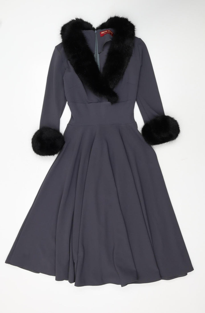 British Retro Women's Grey Fit & Flare Midi Dress Size 8 with Fur Trim