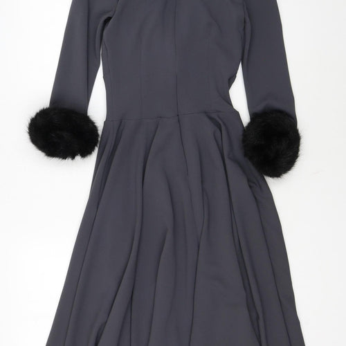 British Retro Women's Grey Fit & Flare Midi Dress Size 8 with Fur Trim