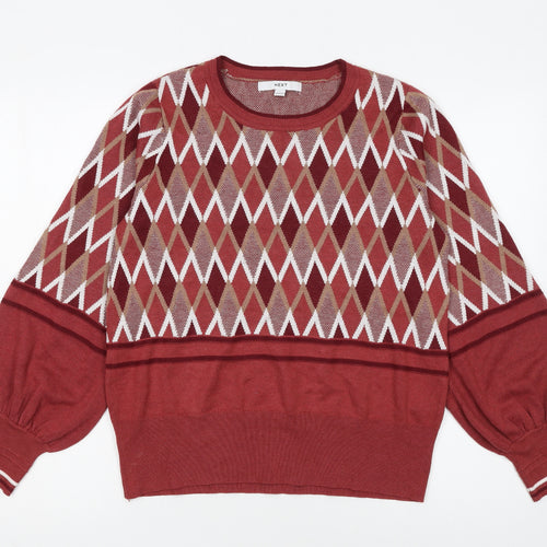 Next Women Red Argyle Knit Crew Neck Pullover Jumper Size 14