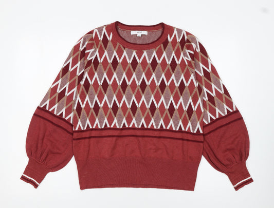 Next Women Red Argyle Knit Crew Neck Pullover Jumper Size 14