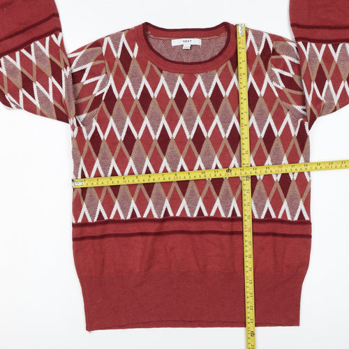 Next Women Red Argyle Knit Crew Neck Pullover Jumper Size 14