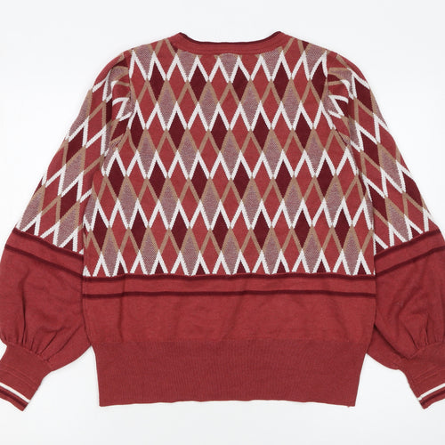 Next Women Red Argyle Knit Crew Neck Pullover Jumper Size 14