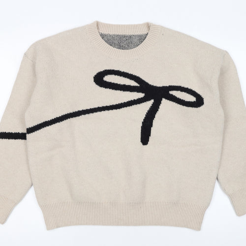 Dazy Women Beige Bow Knit Pullover Jumper L Crew Neck Acrylic Blend