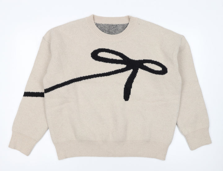 Dazy Women Beige Bow Knit Pullover Jumper L Crew Neck Acrylic Blend