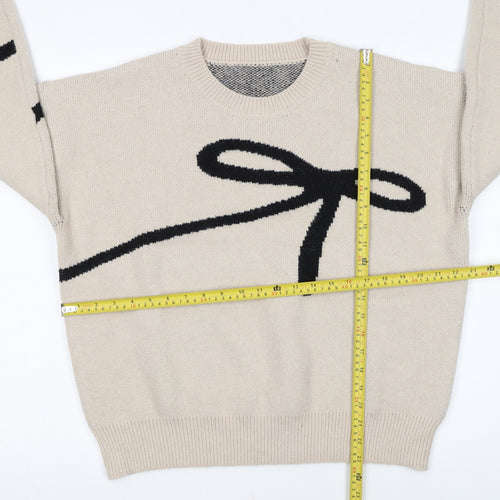 Dazy Women Beige Bow Knit Pullover Jumper L Crew Neck Acrylic Blend