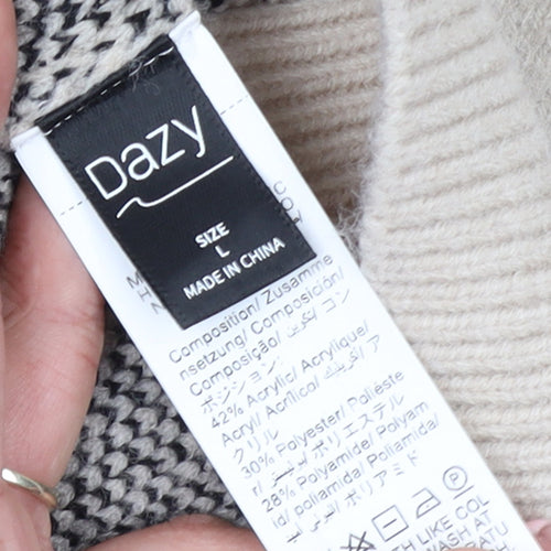 Dazy Women Beige Bow Knit Pullover Jumper L Crew Neck Acrylic Blend