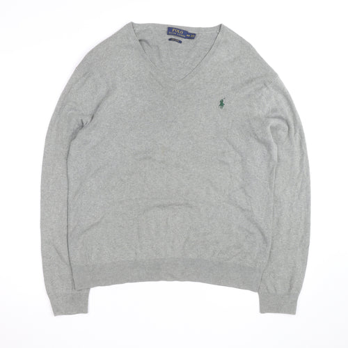 Ralph Lauren Men's Grey V-Neck Cotton Jumper Size M