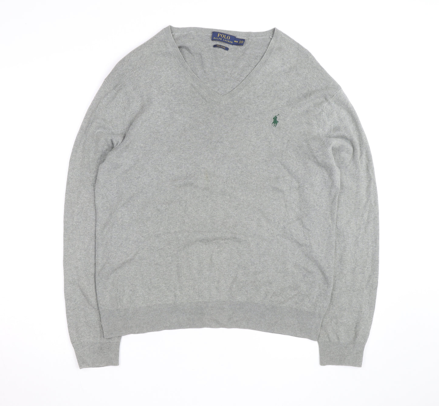 Ralph Lauren Men's Grey V-Neck Cotton Jumper Size M