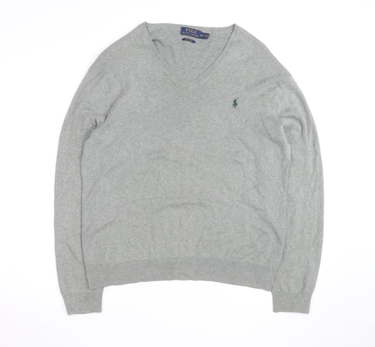 Ralph Lauren Men's Grey V-Neck Cotton Jumper Size M
