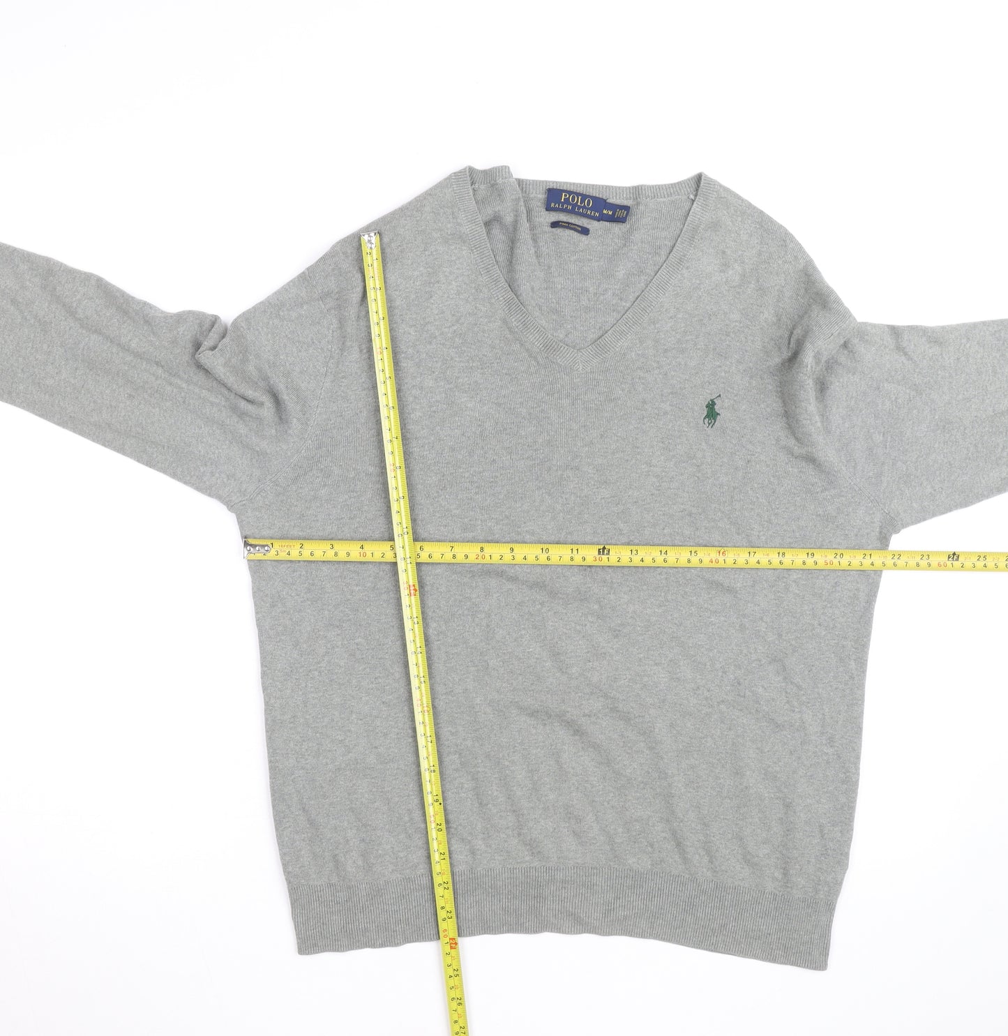 Ralph Lauren Men's Grey V-Neck Cotton Jumper Size M