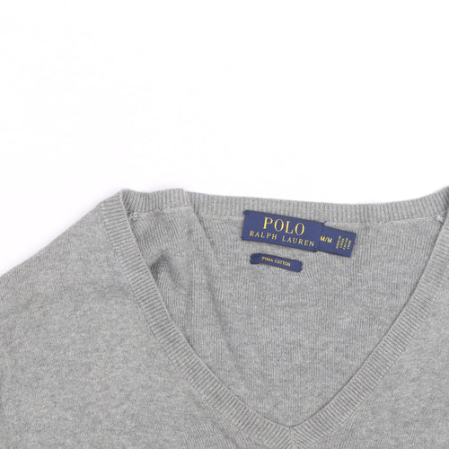Ralph Lauren Men's Grey V-Neck Cotton Jumper Size M