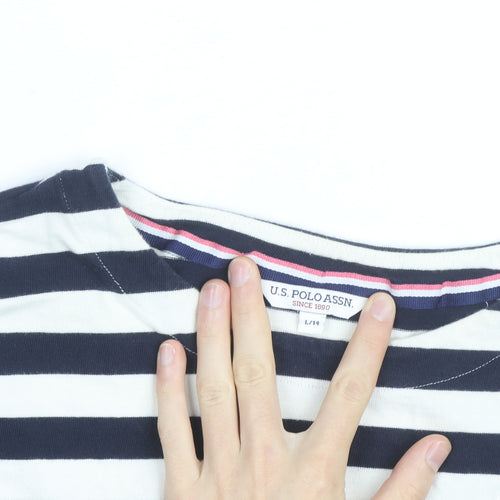 U.S. Polo Assn. Womens Blue White Striped 3/4 Sleeve Cotton T-Shirt Size 14