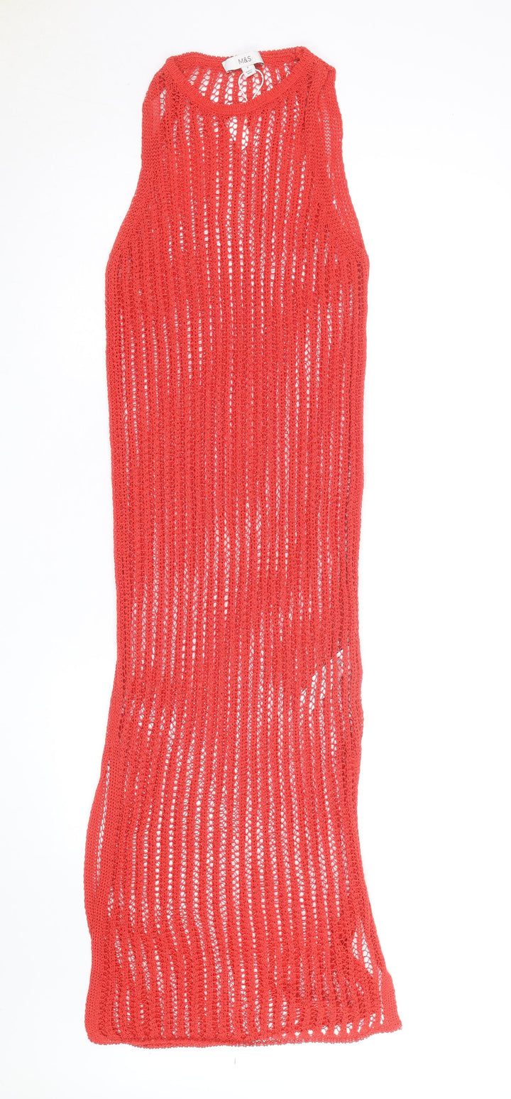 Marks and Spencer Women's Red Knit Midi Slip Dress Small Summer Beachwear