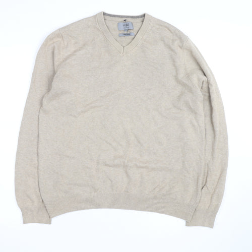 Marks and Spencer Men's Beige Cotton V-Neck Jumper Size M