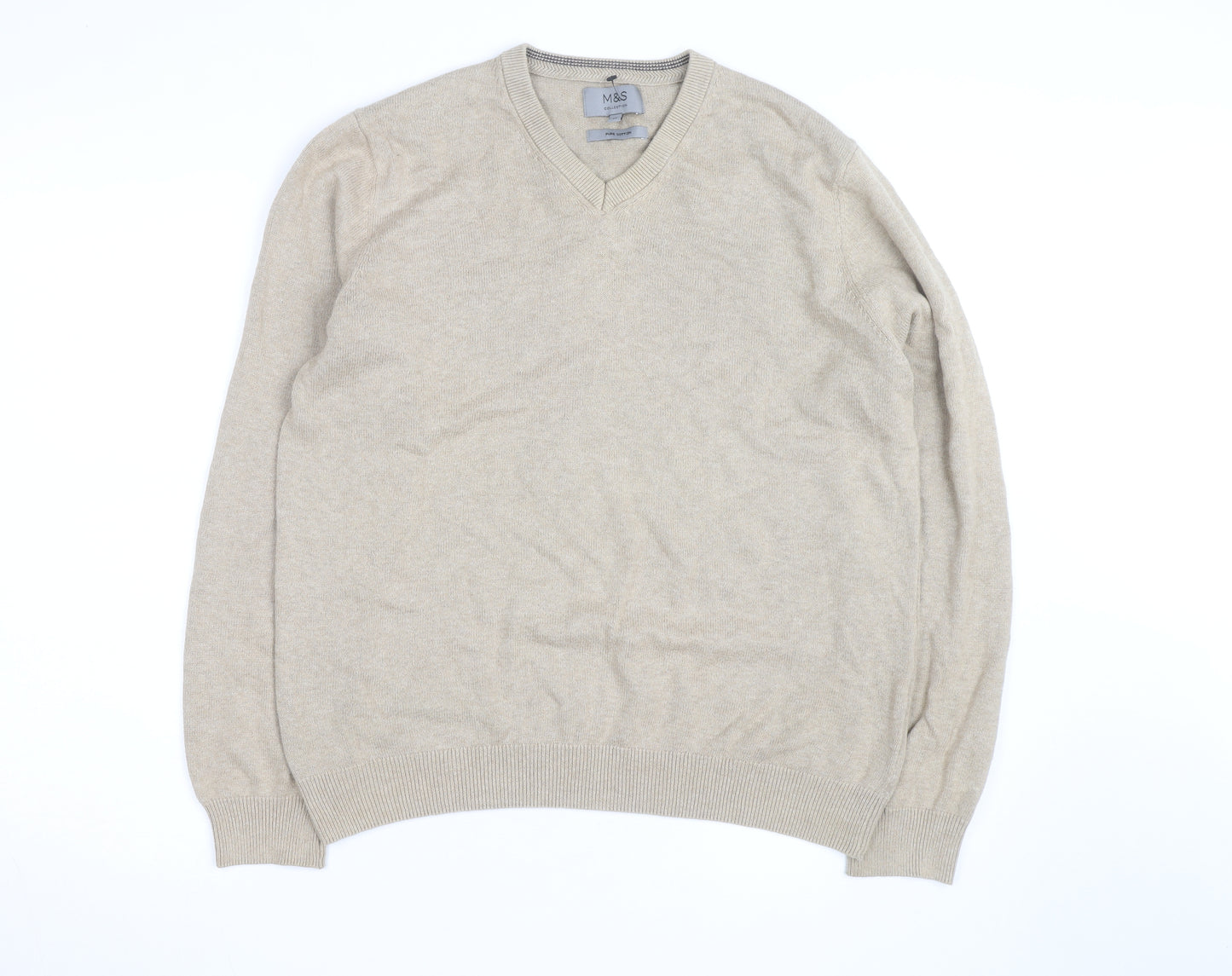 Marks and Spencer Men's Beige Cotton V-Neck Jumper Size M