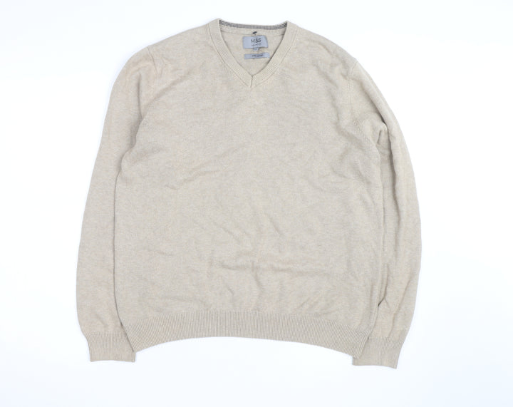 Marks and Spencer Men's Beige Cotton V-Neck Jumper Size M