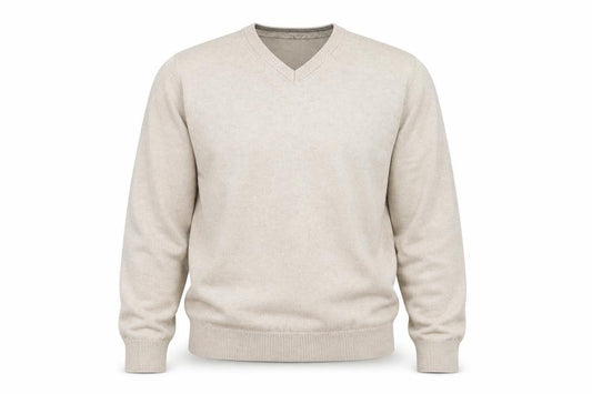 Front view of Marks & Spencer Men's Beige Cotton V-Neck Jumper, size M