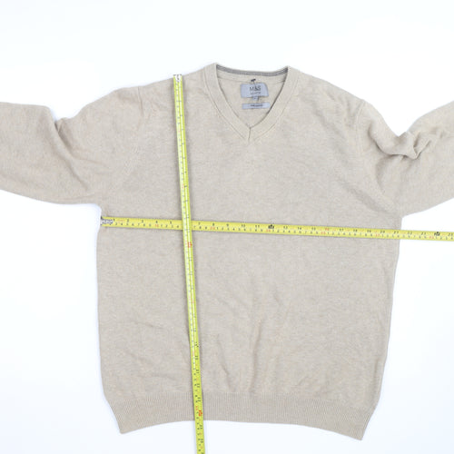 Marks and Spencer Men's Beige Cotton V-Neck Jumper Size M