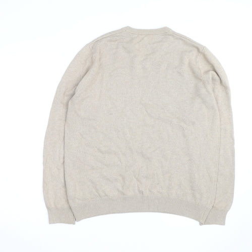 Marks and Spencer Men's Beige Cotton V-Neck Jumper Size M