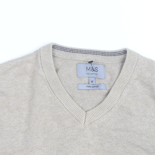 Marks and Spencer Men's Beige Cotton V-Neck Jumper Size M