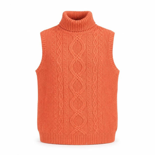 Jeanne Pierre Men's Orange Cable-Knit Sleeveless Roll Neck Jumper L