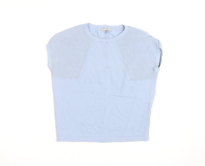 Oliver Bonas Women's Blue Knit Cotton Blend Short Sleeve Blouse UK 8