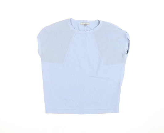 Oliver Bonas Women's Blue Knit Cotton Blend Short Sleeve Blouse UK 8