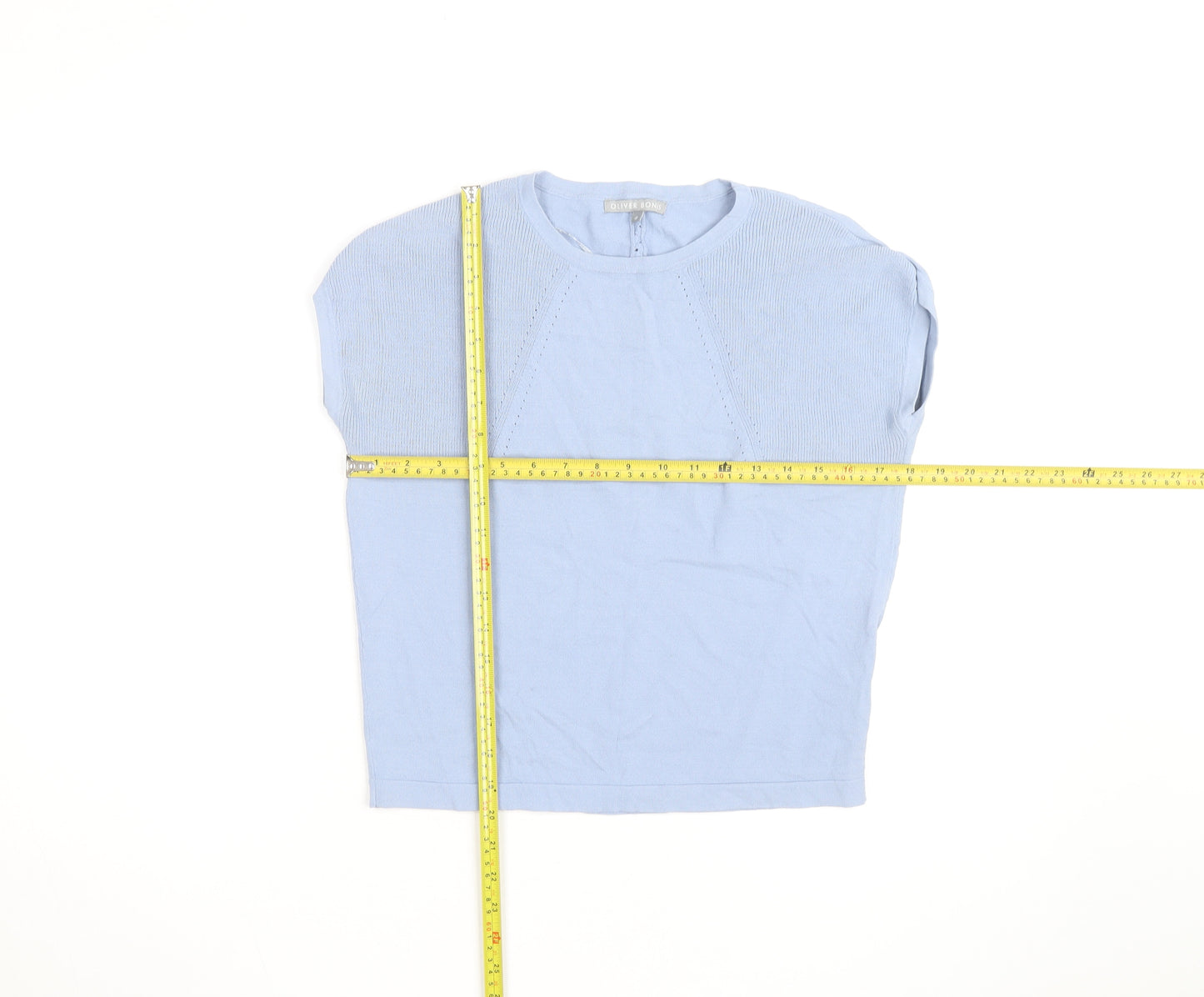 Oliver Bonas Women's Blue Knit Cotton Blend Short Sleeve Blouse UK 8