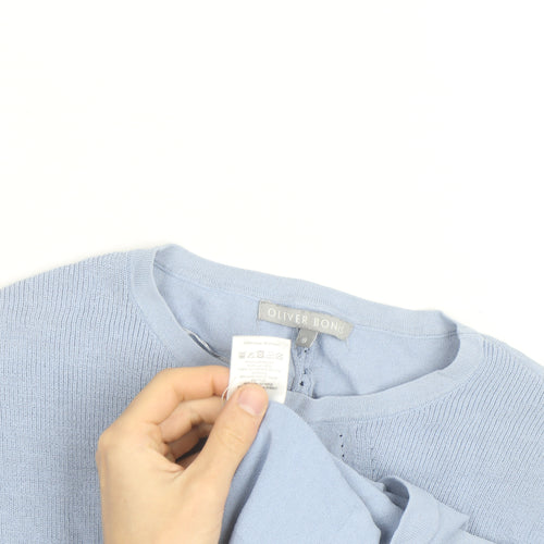 Oliver Bonas Women's Blue Knit Cotton Blend Short Sleeve Blouse UK 8
