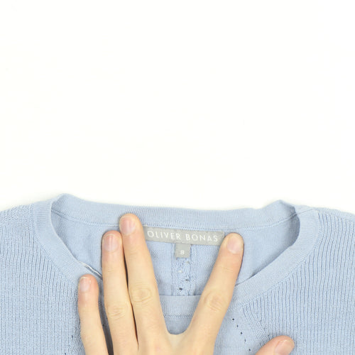 Oliver Bonas Women's Blue Knit Cotton Blend Short Sleeve Blouse UK 8