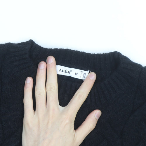 APEA Men's Black Cable-Knit Crew Neck Jumper Size M