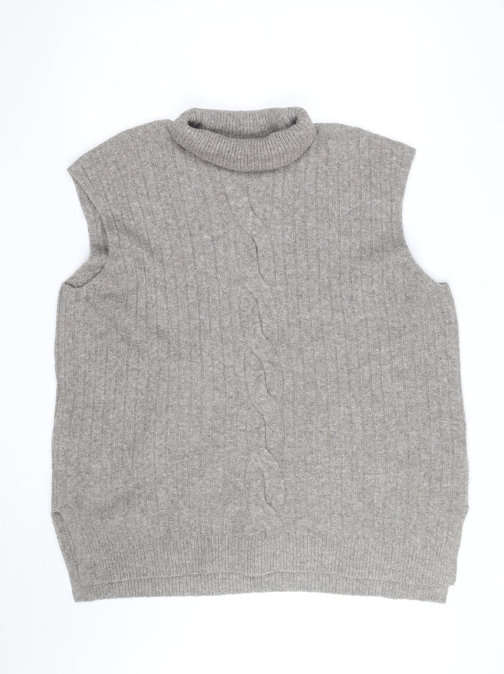 F&F Womens Grey Roll Neck Cable-Knit Wool Blend Sleeveless Jumper XL