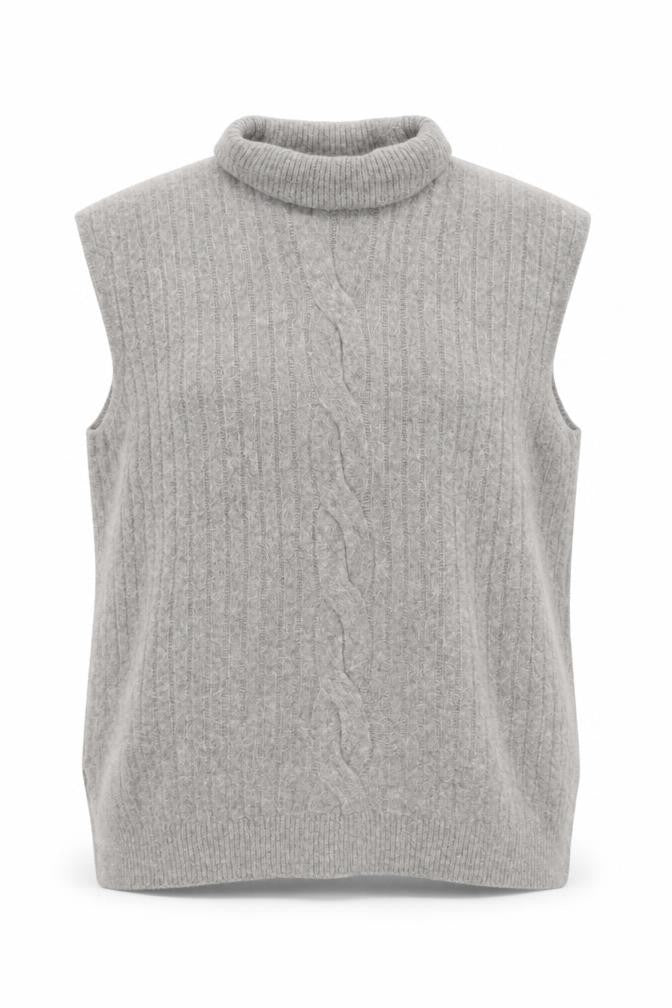 F&F Womens Grey Roll Neck Cable-Knit Wool Blend Sleeveless Jumper XL